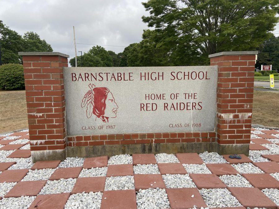 Sign in front of BHS with former mascot.