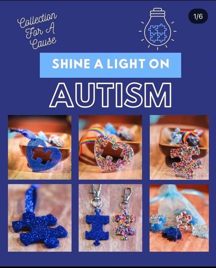 Pairs of ornaments advertised to advocate for autism through putting together a missing puzzle piece.