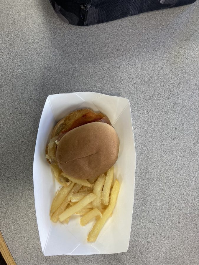 A chicken patty with french fries for lunch 