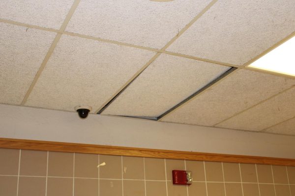 A broken ceiling tile in the hallways of BHS